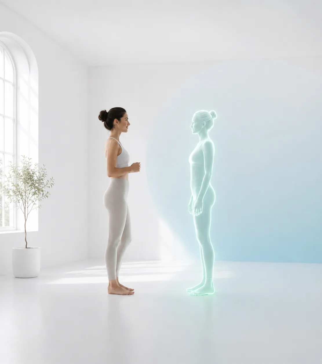 A woman standing next to her glowing digital twin in a bright, minimalist room.